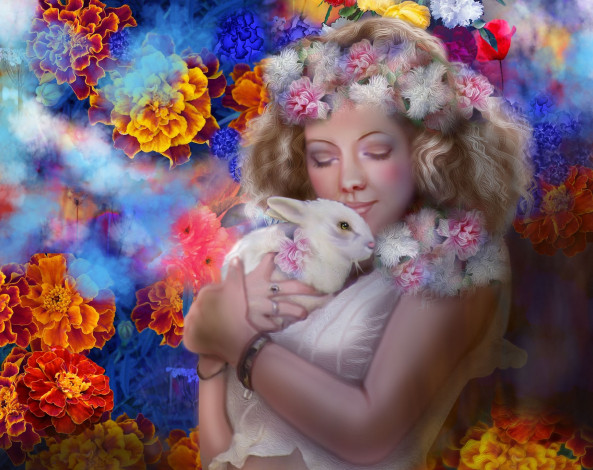 Обои картинки фото фэнтези, девушки, цветы, кролик