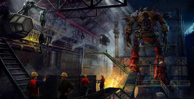 Обои картинки фото фэнтези, роботы,  киборги,  механизмы, робот, люди, цех, завод