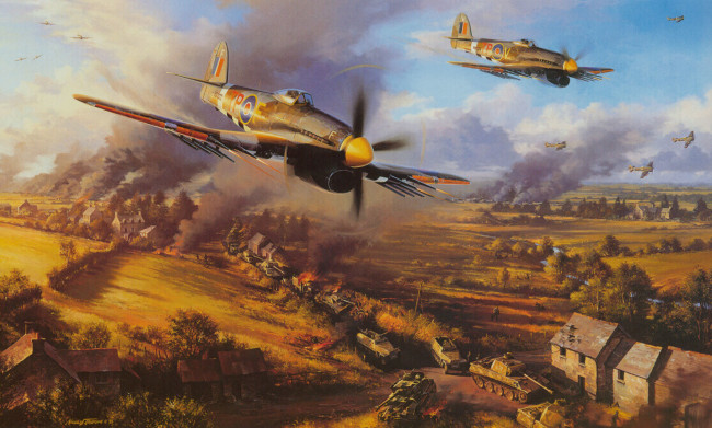 Обои картинки фото рисованные, авиация, поле, боя, самолет, атака, дым, небо, дома, танк