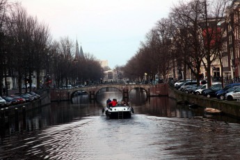 обоя города, амстердам , нидерланды, канал, лодка, мост