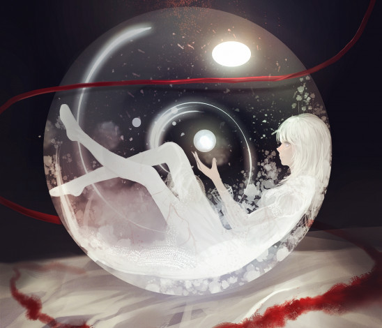 Обои картинки фото аниме, unknown,  другое, кровь, девушка, пузырь, шар, лента, арт, блики
