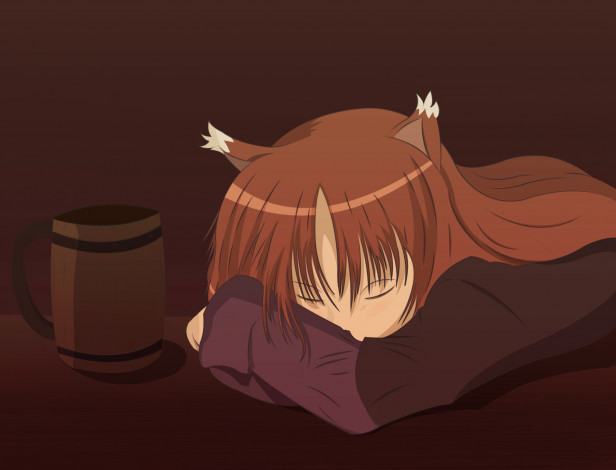 Обои картинки фото аниме, spice and wolf, спит, ушки, horo, арт, девушка, spice, and, wolf