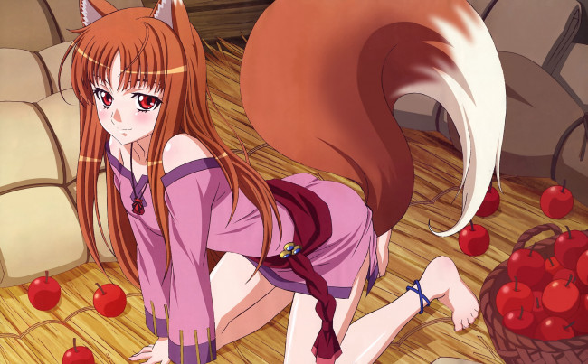 Обои картинки фото аниме, spice and wolf, яблоки, хвост, девушка, арт, horo, spice, and, wolf