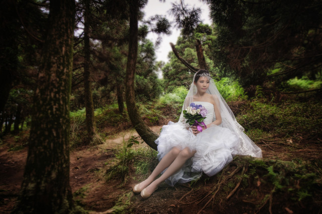 Обои картинки фото девушки, -unsort , азиатки, свадебное, платье, лес, девушка, азиатка, букет, деревья