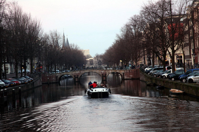 Обои картинки фото города, амстердам , нидерланды, канал, лодка, мост