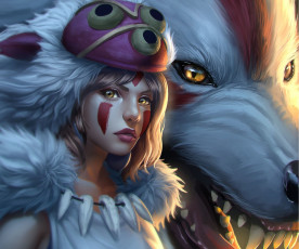 Картинка аниме mononoke+hime девушка арт белый волк princess mononoke взляд