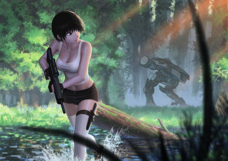 Картинка аниме оружие +техника +технологии джунгли пулемёт робот девушка