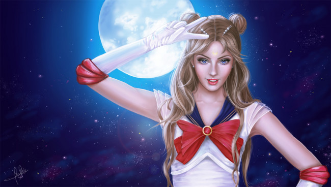 Обои картинки фото аниме, sailor moon, sailor, moon, арт, девушка, взгляд, костюм, ночь, луна