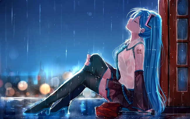 Обои картинки фото аниме, vocaloid, арт, hatsune, miku, дождь, девушка, капли, зонт, форма, город, огни, дома
