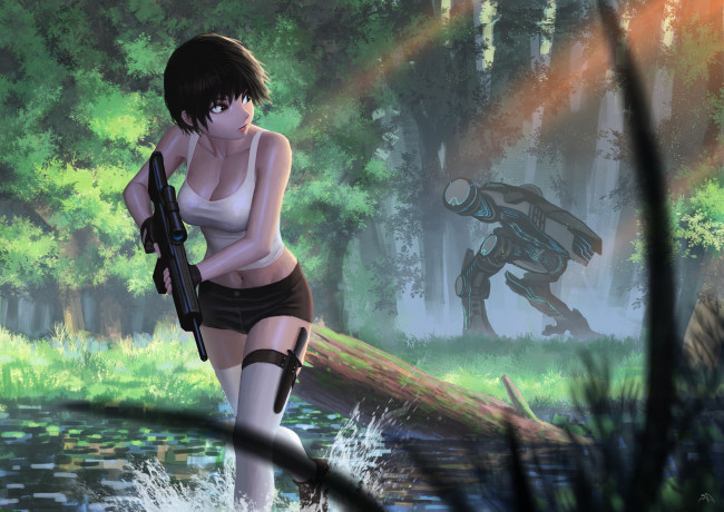 Обои картинки фото аниме, оружие,  техника,  технологии, джунгли, пулемёт, робот, девушка