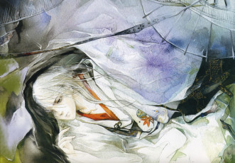 Картинка аниме unknown +другое акварель длинные белые волосы зонт японская одежда парень art русунок eno