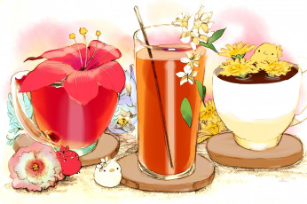 Картинка аниме животные +существа цветок существа чашки стакан красный подставки сок птенцы напиток соломинка