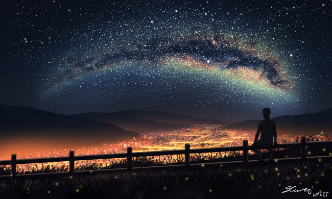 Обои картинки фото аниме, unknown,  другое, город, звезды, забор, парень, огни, небо, трава, ночь