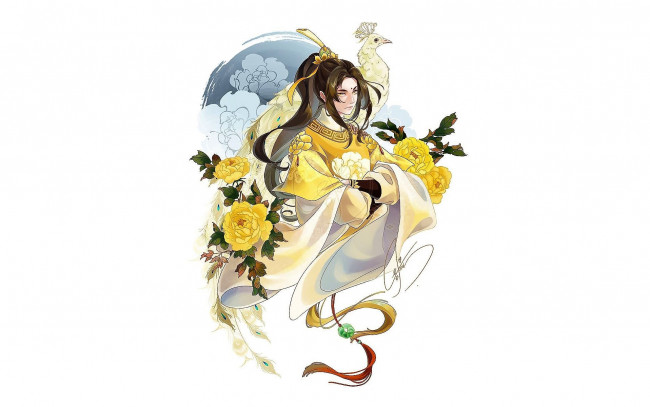 Обои картинки фото аниме, mo dao zu shi, цзинь, цзысюань, павлин, цветы
