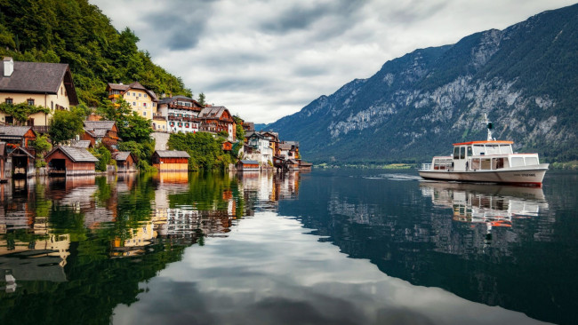 Обои картинки фото города, гальштат , австрия, горы, озеро, панорама