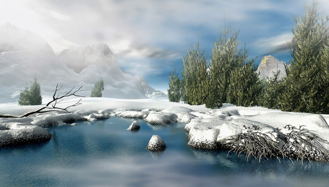 Обои картинки фото 3д графика, природа , nature, снег, деревья, горы, озеро