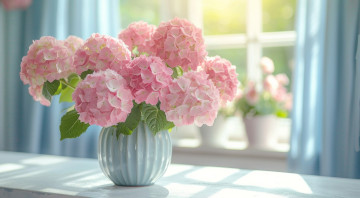 обоя 3д графика, цветы , flowers, ваза, букет, розовая, гортензия