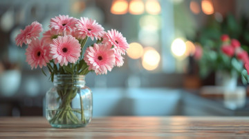 обоя 3д графика, цветы , flowers, банка, букет, розовые, герберы