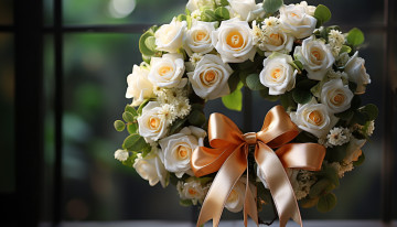 обоя 3д графика, цветы , flowers, венок, розы, лента, бант