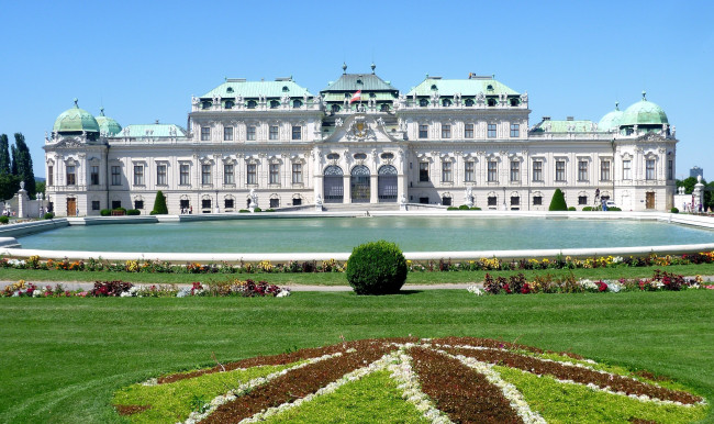 Обои картинки фото дворец, бельведер, вена, австрия, города, клумба, белый, бассейн