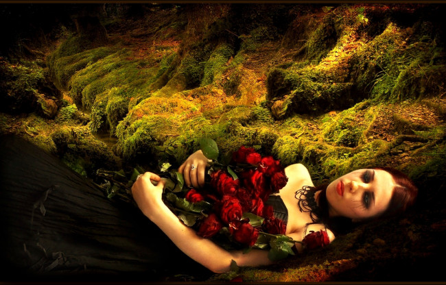 Обои картинки фото фэнтези, девушки, грусть, розы, мох