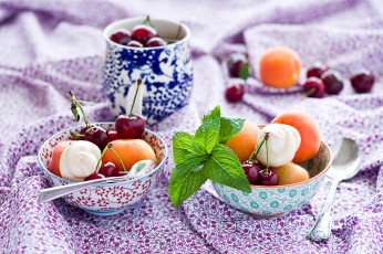 Картинка еда мороженое десерты вишни абрикосы мята