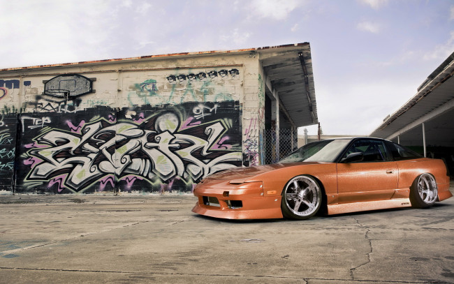 Обои картинки фото nissan, 240, sx, автомобили, datsun, оранжевый, граффити