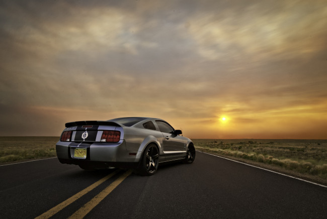 Обои картинки фото ford, mustang, gt, 500, автомобили, закат, серый, дорога