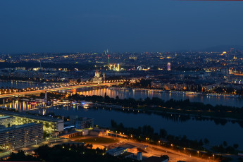 обоя города, вена, австрия, река, ночь, панорама, огни, мост