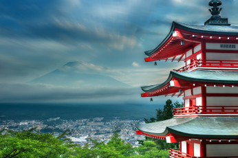 Картинка города панорамы гора пагода fuji chureito+pagoda fujiyoshida yamanashi japan