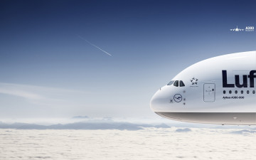 обоя авиация, 3д, рисованые, v-graphic, небо, самолет, аэробус, полет, облака