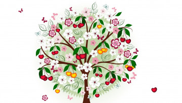 обоя векторная графика, природа , nature, ягоды, дерево, бабочки