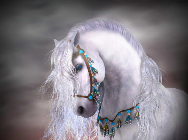 Обои картинки фото 3д графика, животные , animals, сбруя, лошадь, конь, белый, украшения
