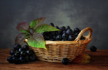 обоя еда, виноград, ягоды, корзинка, листья