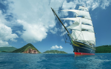 Картинка корабли парусники небо море острова паруса