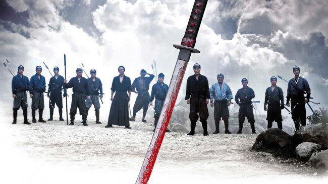 Обои картинки фото кино фильмы, 13 убийц, меч, отряд, самураи, тучи, камни, кровь