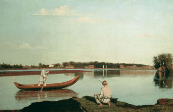Картинка рыбаки+-+вид+в+спасском рисованное григорий+сорока рыбаки лодка река поселок