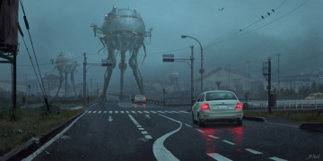 Картинка фэнтези иные+миры +иные+времена город дороги машины роботы