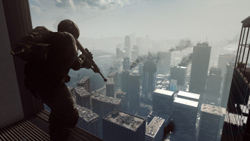 обоя видео игры, battlefield 4, снайпер, винтовка, город, окно, позиция