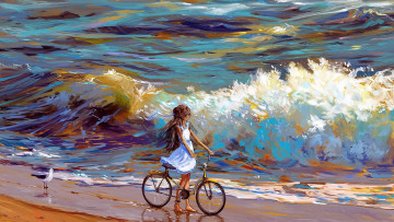 обоя рисованное, люди, девочка, велосипед, море, берег, волны