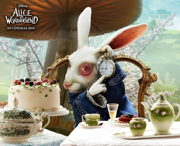 Обои картинки фото кино фильмы, alice in wonderland, кролик, часы, стол, угощение