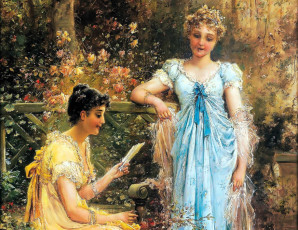 обоя рисованное, hans zatzka, девушки, письмо, цветы