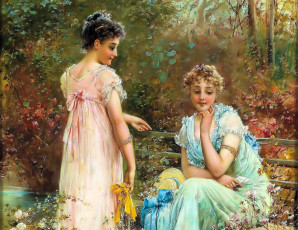 обоя рисованное, hans zatzka, девушки, скамейка, сад