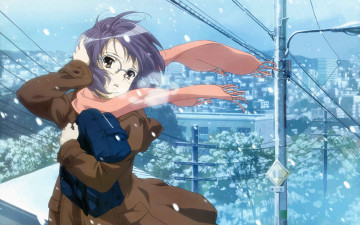 Картинка аниме the melancholy of haruhi suzumiya зима снег девушка