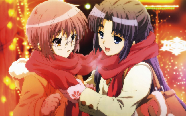 Обои картинки фото аниме, the, melancholy, of, haruhi, suzumiya, шарф, девушки