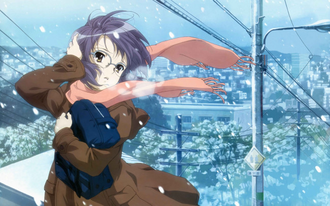 Обои картинки фото аниме, the, melancholy, of, haruhi, suzumiya, зима, снег, девушка