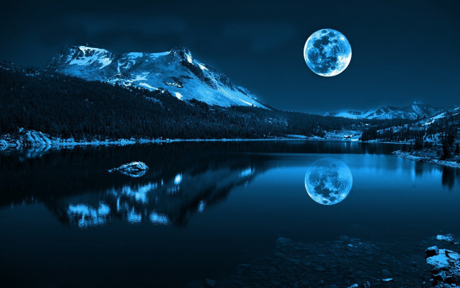 Обои картинки фото природа, реки, озера, горы, снег, луна, пейзаж, море, река, вода