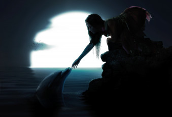 Картинка фэнтези девушки вода птицы луна дельфин девушка