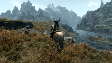 Картинка видео игры the elder scrolls skyrim всадник река горы