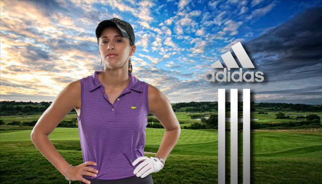 Обои картинки фото бренды, adidas, девушка, гольф, поле, облака, пейзаж